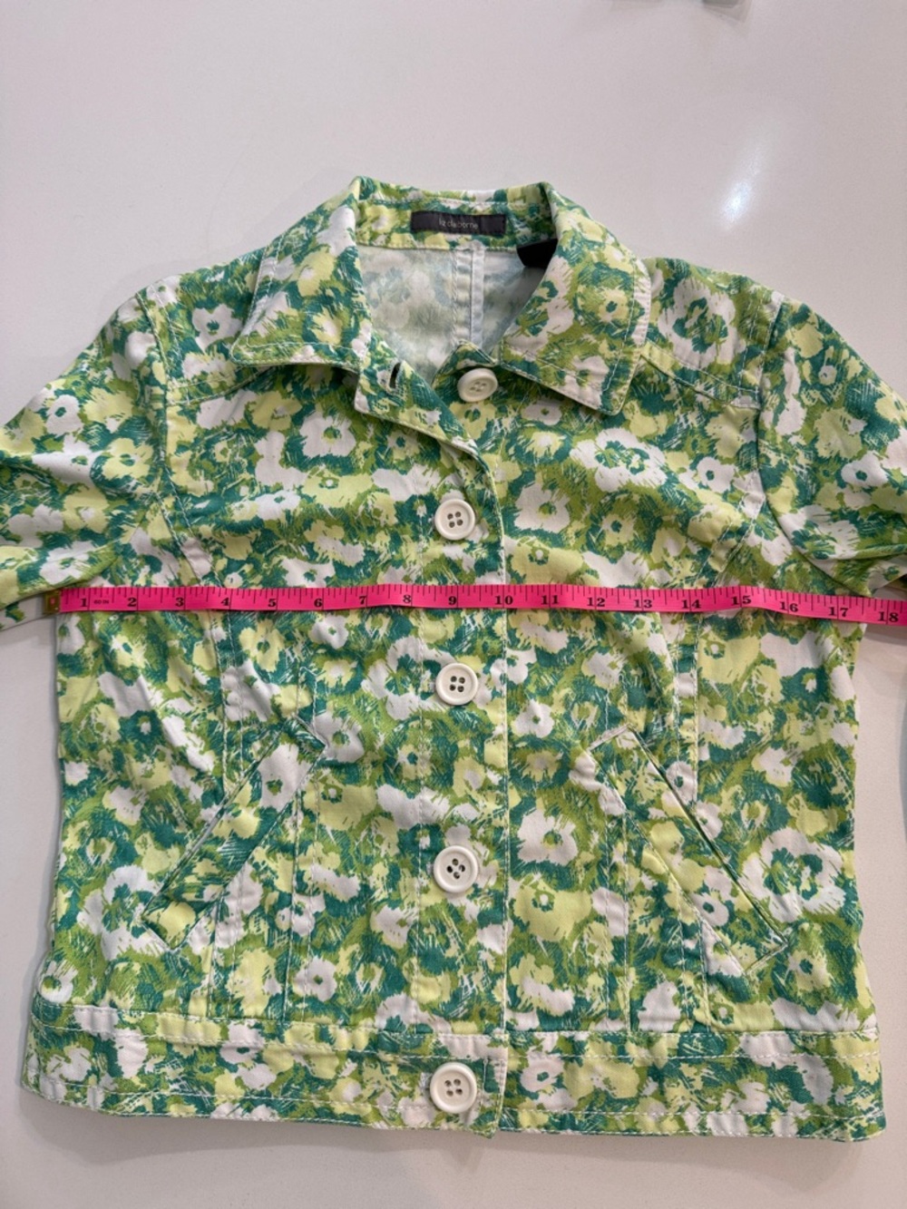 Liz Claiborne Green and White Floral Cotton-Blend Jacket | Size 4 - Picture 9 of 10